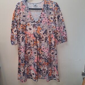 Exclusive Womens Floral Dress V Neck 3/4 Sleeve Multi-Color Size L
